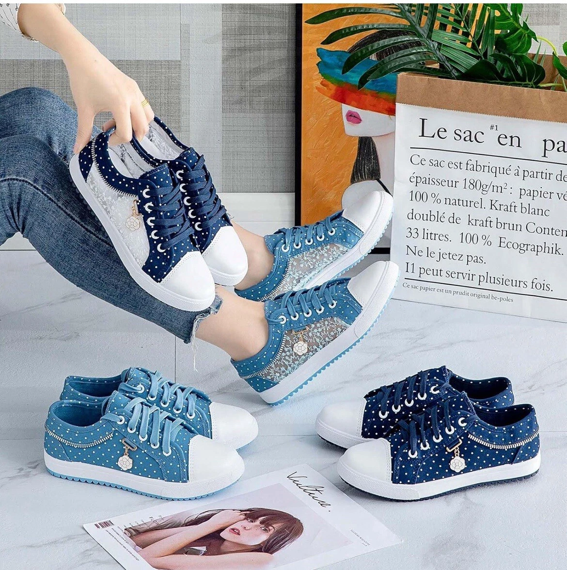 Women's Polka Dot Lace-Up Denim Mesh Sneakers - Image 6