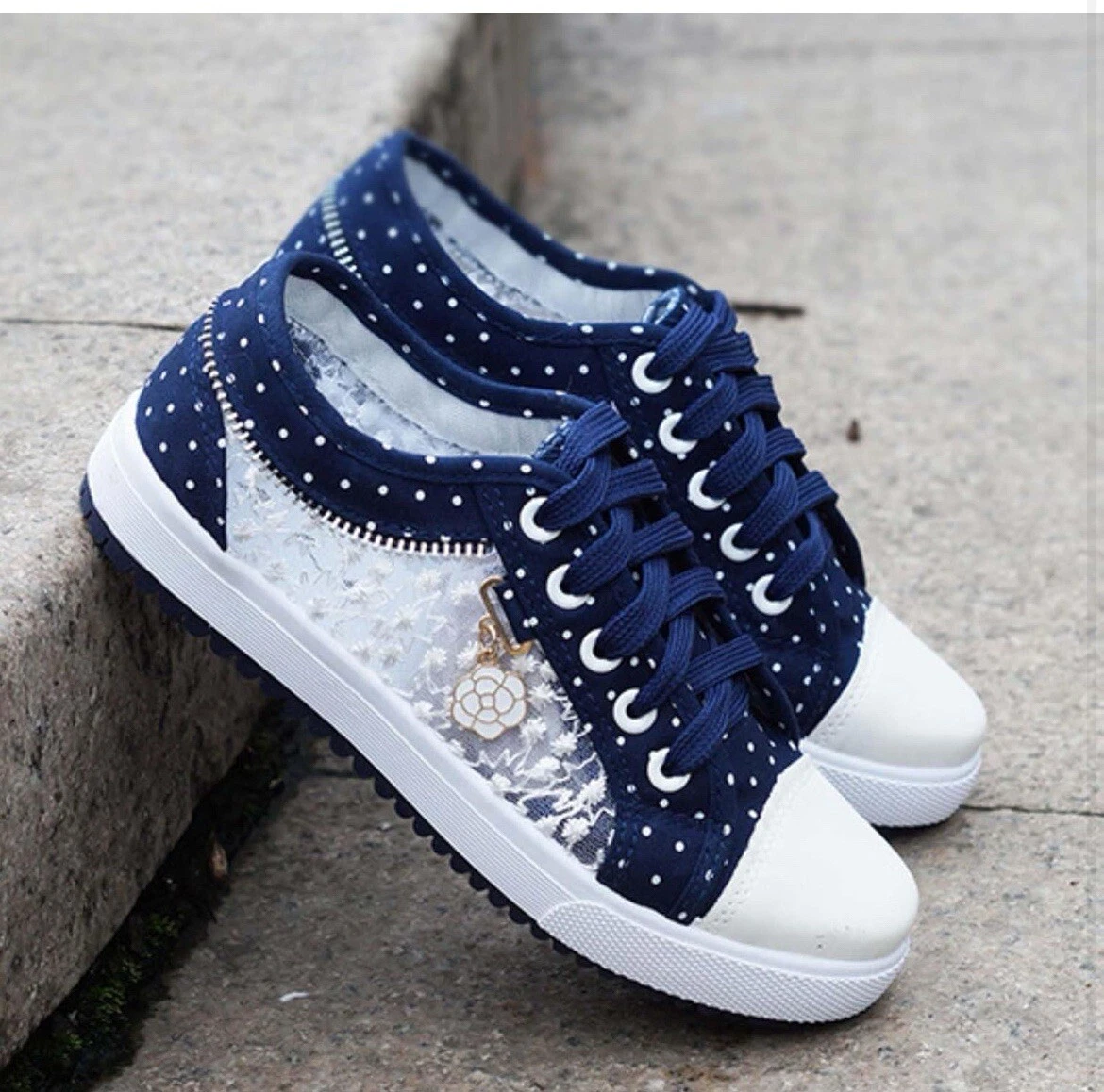 Women's Polka Dot Lace-Up Denim Mesh Sneakers - Image 5