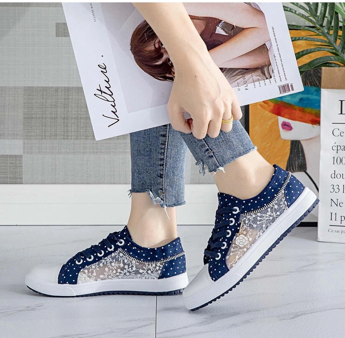 Women's Polka Dot Lace-Up Denim Mesh Sneakers - Image 4