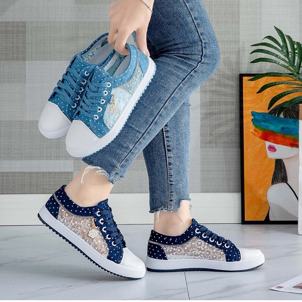 Women's Polka Dot Lace-Up Denim Mesh Sneakers - Image 3