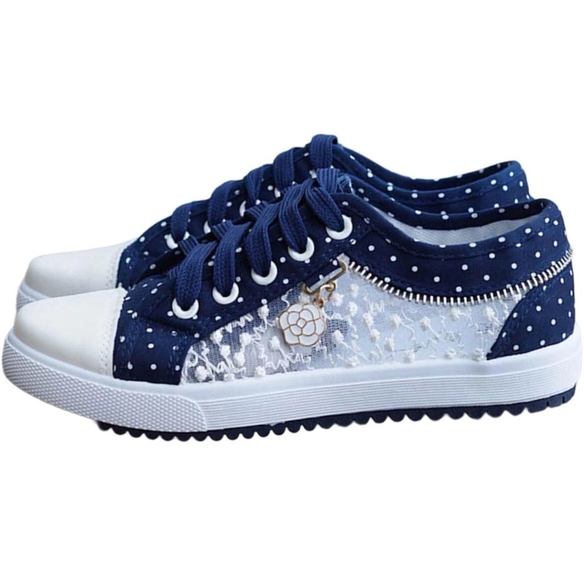 Women's Polka Dot Lace-Up Denim Mesh Sneakers - Image 2